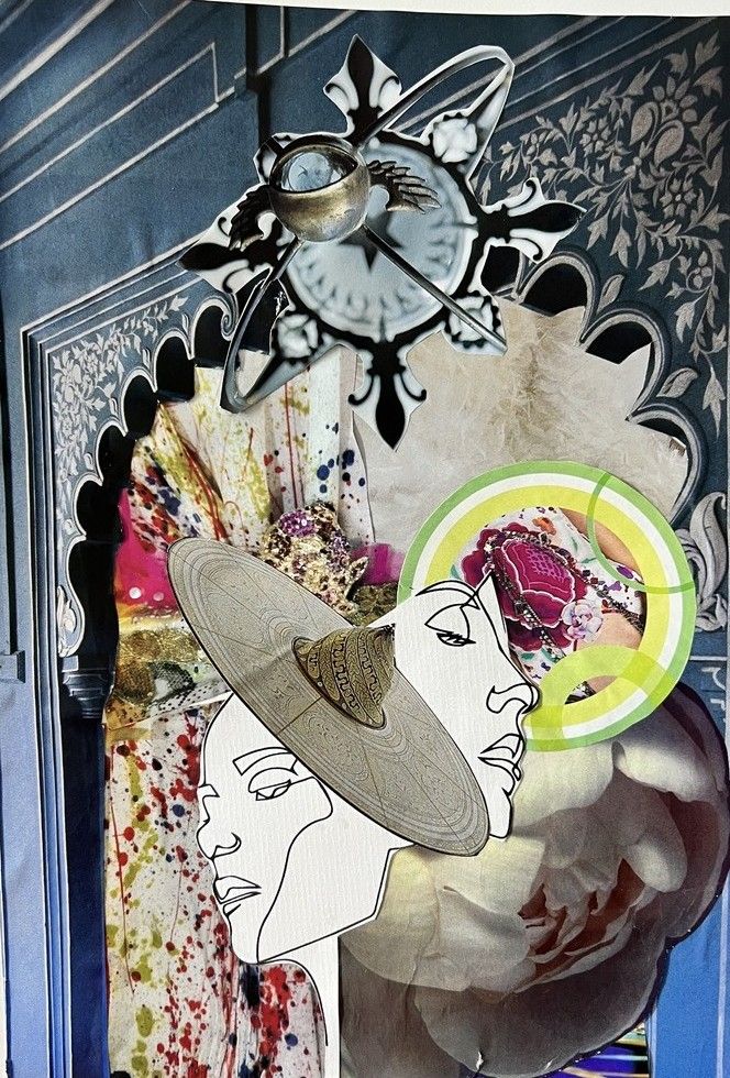Collage Muse Connexion : deux têtes et une horloge boussole