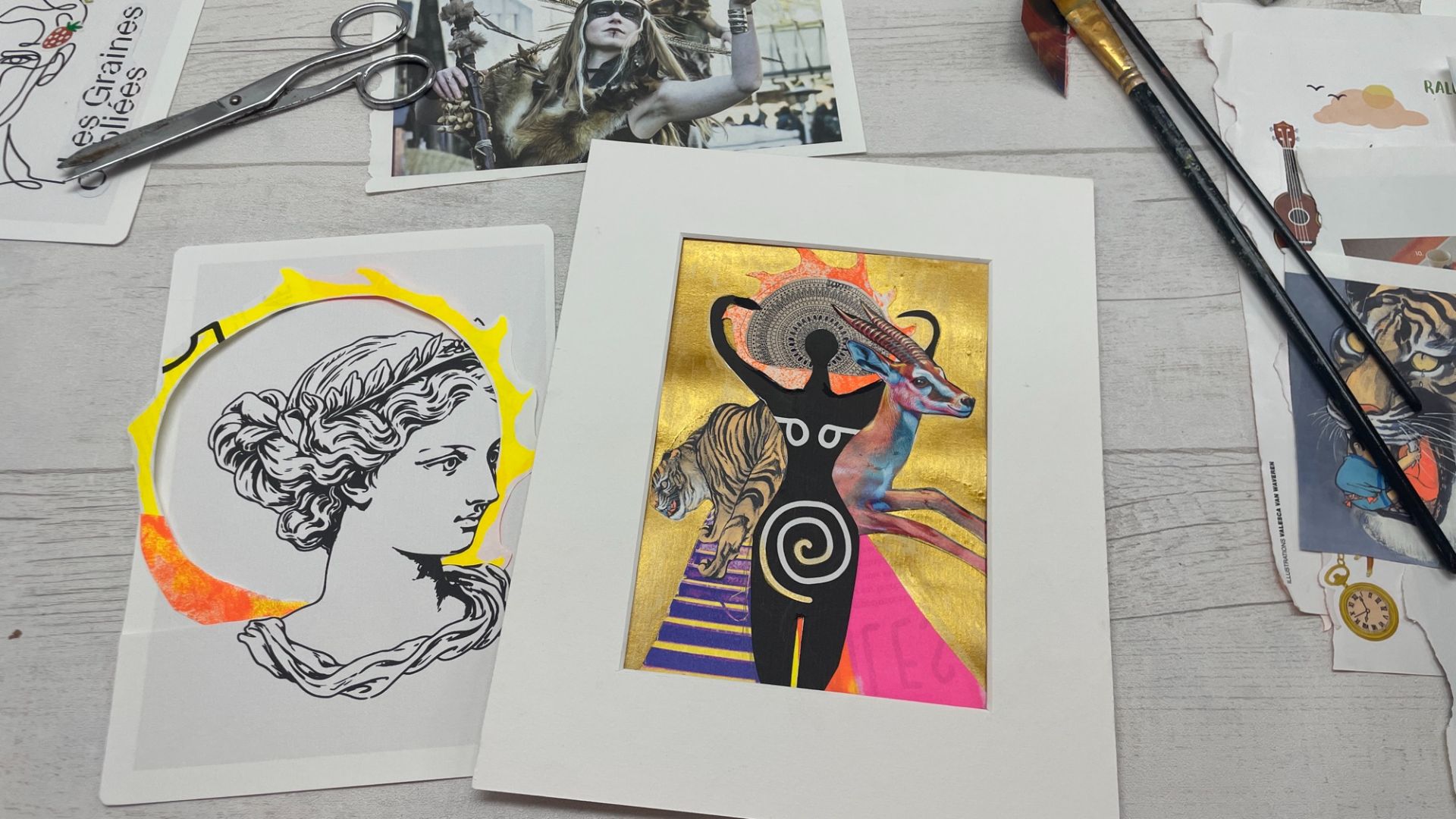 Collages de muses posés sur une table : une silhouette noire entourée d'une gazelle et d'un tigre sur fond doré, la photo d'un chamane à la coiffe de plumes, une tête antique