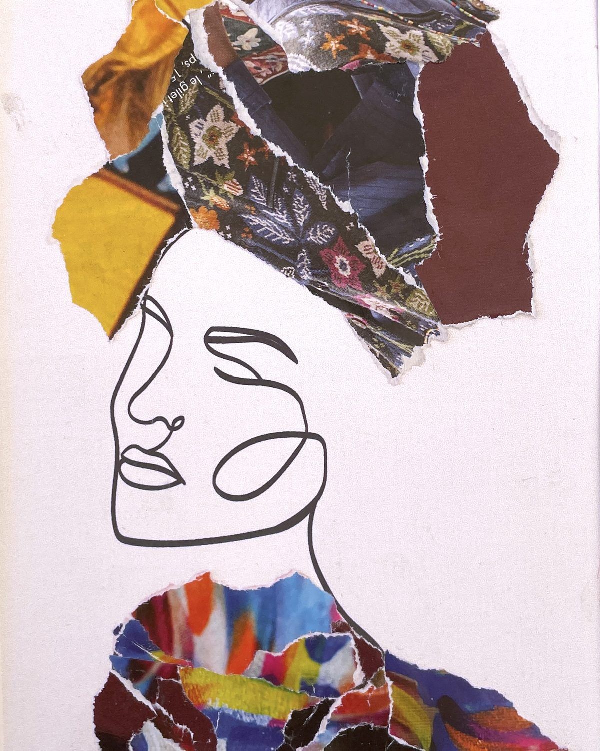 Collage de Martine : un profil au trait, yeux fermés, turban et col en papiers déchirés