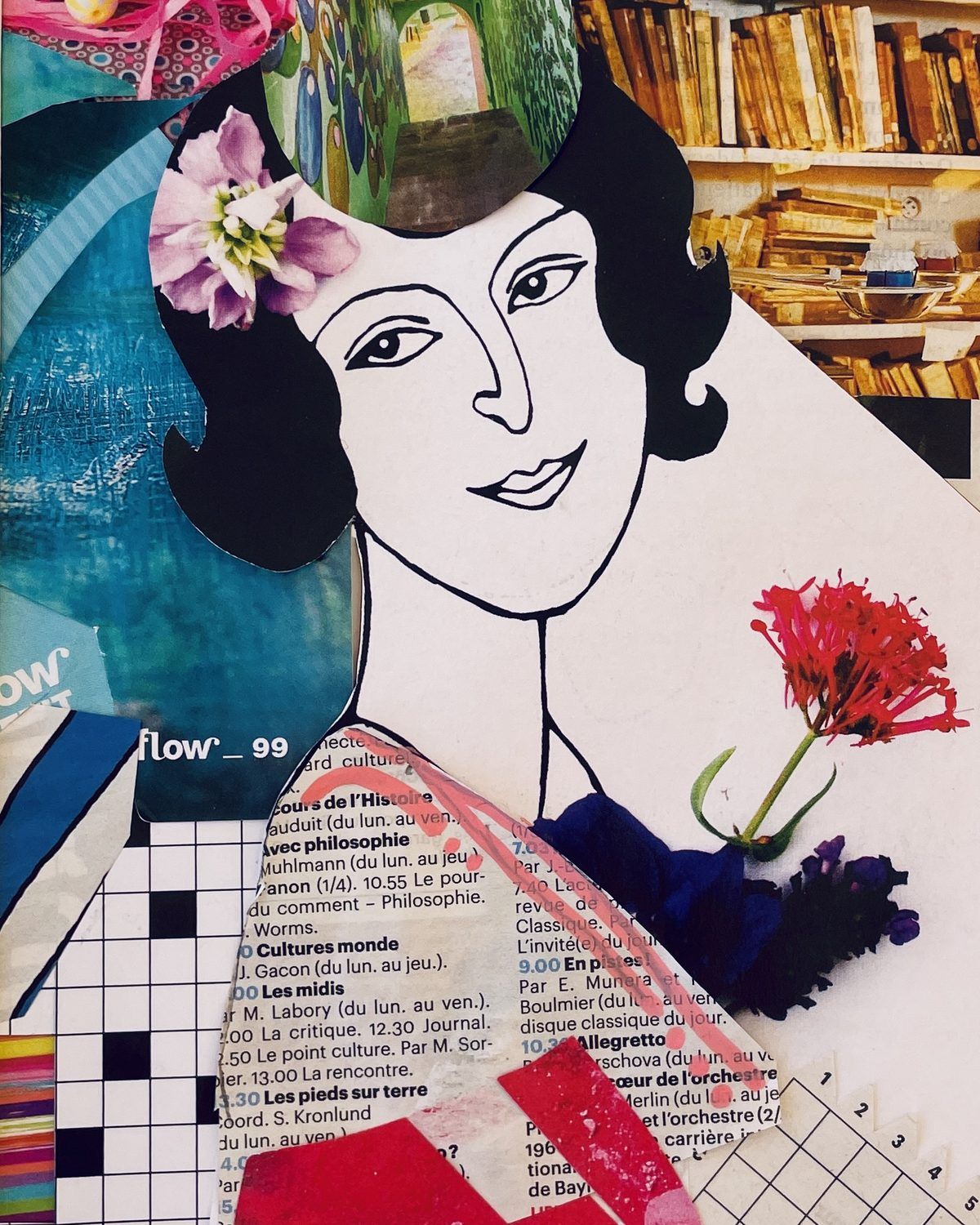 Collage d'Isabelle, deuxième atelier : portrait de femme au trait noir, fleur mauve dans les cheveux, mots croisés et étagère de livres