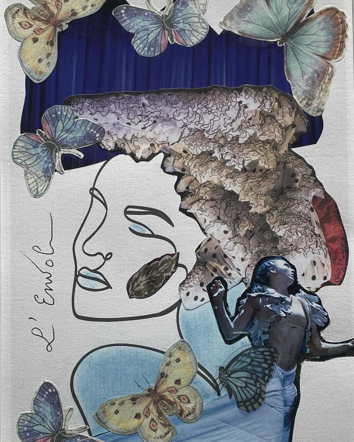 Collage de Véronique intitulé L'Envol : profil au trait, chevelure en papier froissé, papillons et danseuse