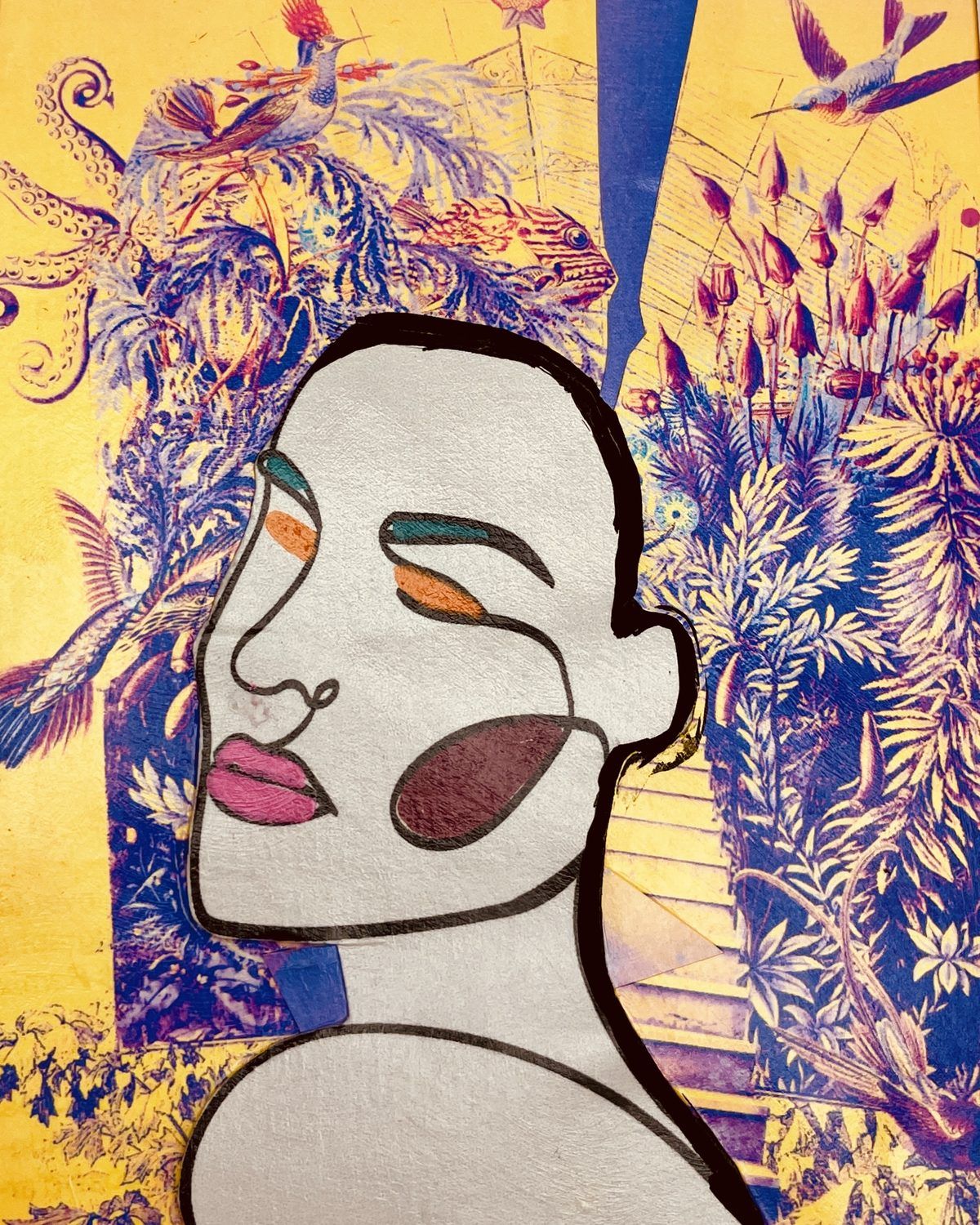 Collage de Céline : profil au trait, yeux fermés, dans une jungle gravée bleu et jaune