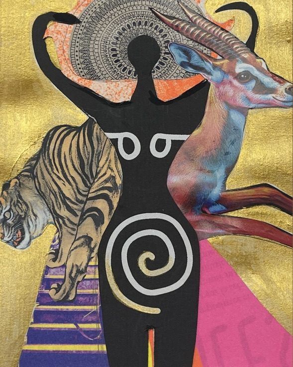 Collage de Céline : silhouette noire à spirale entre un tigre et une gazelle, fond doré