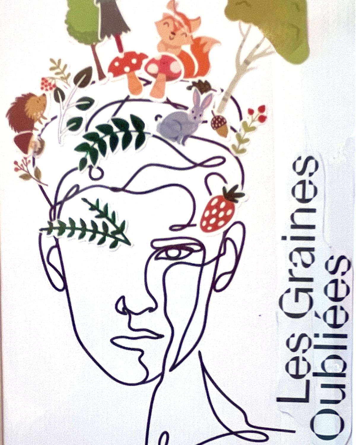 Collage Les graines oubliées : visage au trait couronné d'arbres, de champignons et d'animaux en gommettes